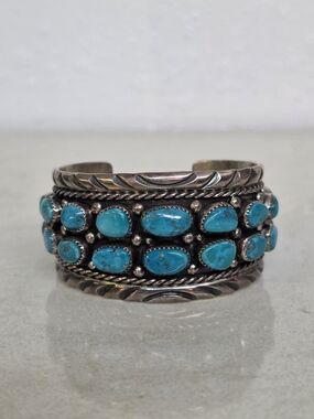 Sterling Silver 22 Turquoise Stone Cuff 94g Signed AT Southwestern